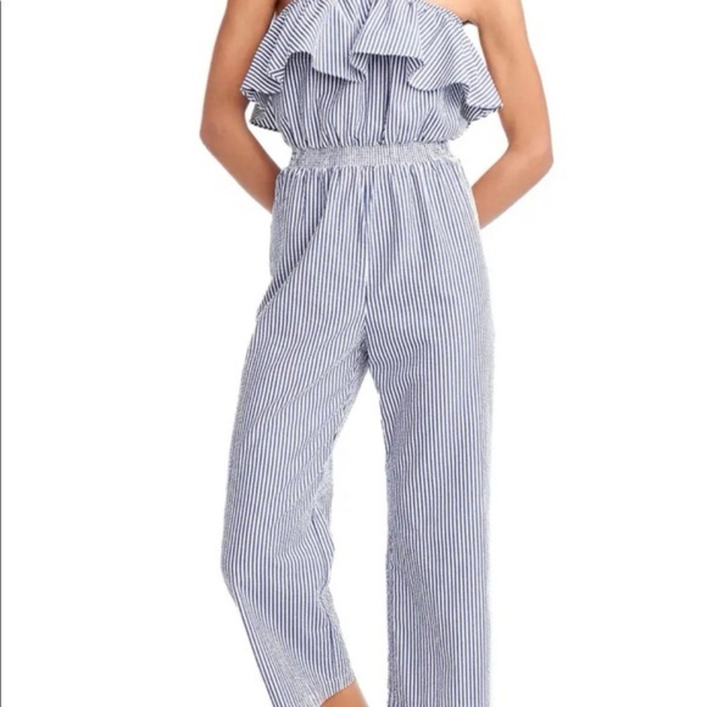 J. Crew Blue and White Striped Ruffled Jumpsuit